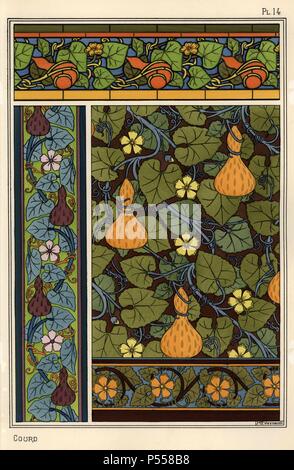 Kürbis in Tapeten, Glasmalerei und Stoffdessins. Von Verneuil mit Pochoir (Schablone) handcoloring aus Eugene Grasset's "Pflanzen und ihre Anwendung zu Ornament", Paris, 1897 Lithographie. Grasset (1841-1917) war ein Schweizer Künstler, dessen innovative Designs der "Art Nouveau"-Bewegung am Ende des 19. Jahrhunderts inspiriert. Stockfoto