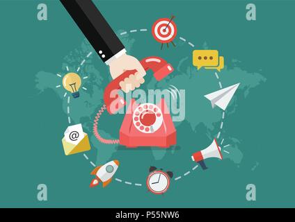 Hand Abheben des Hörers mit Business icons Infografik. Vector Illustration Stock Vektor
