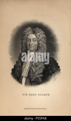 Portrait von Sir Hans Sloane (1660-1753), SAMMLER von Schränken von Kuriositäten. Gravur auf Stahl von William Lizars von Sir William Jardine's" des Naturforschers Bibliothek: Mammalia, Pachydermes oder Thick-Skinned Vierbeiner" von W. H. Lizars, Edinburgh, 1836 veröffentlicht. Stockfoto