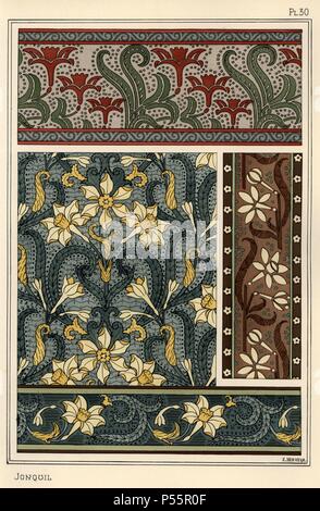 Jonquil, Narzisse jonquilla, als Design Motiv in Tapeten und Stoffmuster. Durch Hervegh mit Pochoir (Schablone) handcoloring aus Eugene Grasset's "Pflanzen und ihre Anwendung zu Ornament", Paris, 1897 Lithographie. Grasset (1841-1917) war ein Schweizer Künstler, dessen innovative Designs der "Art Nouveau"-Bewegung am Ende des 19. Jahrhunderts inspiriert. Stockfoto