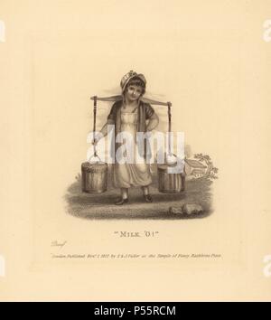 Junge Kind Sennerin zwei große Eimer Milch. . Dichtfläche Kupferstich im Stil von Francesco Bartolozzi (1725-1815) von Andrew Tuer 'London ruft: Mit sechs charmanten Kinder und etwa 40 andere Illustrationen, die von Feld & Tuer, London, 1883 veröffentlicht. Stockfoto