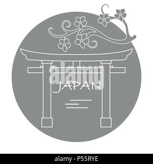 Zweig der Kirschblüten und Torii, rituelle Tore. Japan traditionellen Designelementen. Reisen und Freizeit. Stock Vektor