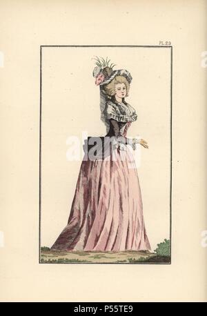 Frau in puce Taft caraco über einem Unterrock aus rosa Taft. Handcolorierte Lithographie von "Moden und Gebräuche der Marie Antoinette und ihre Zeiten, "Le Comte de Reiset, Paris, 1885. Das Journal der Madame Eloffe, Schneiderin und Bettwäsche - Kaufmann der Königin und Damen des Hofes. Stockfoto