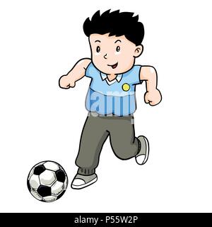 Junge spielt Fußball, Cartoon Kid spielen Fußball-Vector Illustration. Stock Vektor