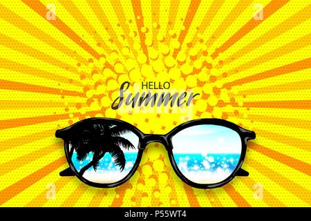 Hallo Sommer. Vektor pop art Poster realistische Sonnenbrille. Vanille tropische Blume palm leaf. Radiale Linie Hintergrund. Vintage Retro Gruß lette Stock Vektor