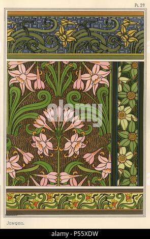 Jonquil, Narzisse jonquilla, als Design Motiv in Tapeten und Stoffmuster. Von Verneuil mit Pochoir (Schablone) handcoloring aus Eugene Grasset's "Pflanzen und ihre Anwendung zu Ornament", Paris, 1897 Lithographie. Grasset (1841-1917) war ein Schweizer Künstler, dessen innovative Designs der "Art Nouveau"-Bewegung am Ende des 19. Jahrhunderts inspiriert. Stockfoto