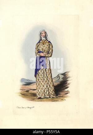 Eleonore von Aquitanien (1122-1204), Königin von Heinrich II. Sie trägt ein langes Kleid mit Gold gestickt, einem blauen Mantel, weißen Schleier und Rise. Aus dem Bildnis in Fontevraud Abtei von Stothard das Monumentale Bildnisse gezeichnet. . Papierkörbe Gravur von "zivilen Kostüm von England von der Eroberung bis zur Gegenwart Zeit' von Charles Martin erstellt und von Leopold Martin, London, Heinrich Bohn, 1842 geätzt. Die Kostüme wurden von Tapisserien, monumentale Bildnisse, illuminierten Handschriften und Porträts gezeichnet. Charles und Leopold Martin waren die Söhne des romantischen Künstlers und schabkunst Stecher John Martin (1789-18 Stockfoto