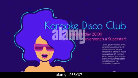 Karaoke disco club Flachbild neon vector Abbildung: singen Frau Brille auf lila Hintergrund mit Copyspace für Text. Helles Neon Design für Stock Vektor