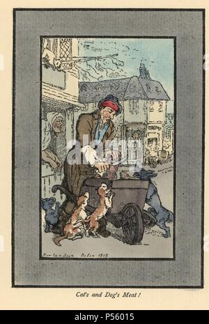 Ambulante Metzger Carving eine gemeinsame Fleisch während Hunde und Katzen Angriff seine Schubkarre. Papierkörbe Holzschnitt nach einem original Gemälde von Thomas Rowlandson (1756-1827) von Andrew Tuer 'London ruft: Mit sechs charmanten Kinder und etwa 40 andere Illustrationen, die von Feld & Tuer, London, 1883 veröffentlicht. Stockfoto