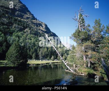 CATALUÑA. PARQUE NACIONAL DE AIGÜESTORTES Y LAGO DE SAN MAURICIO. Panorámica del paisaje. Provincia de Lleida. Comarca del Pallars Sobirà. Stockfoto