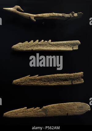 Harpunen von Deer Antler für die Jagd auf kleine Wale und Robben. 6500-4000 v. Chr.. Aus Neuseeland Küsten und Fjorde von Ostjütland. National Museum von Dänemark. Kopenhagen. Dänemark. Stockfoto