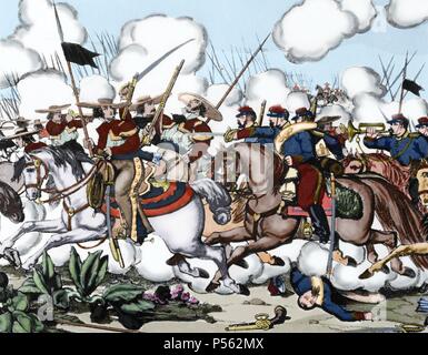 Französische Intervention in Mexiko. Belagerung von jonuta (21 Februar 1863). Die französischen Truppen unter der Führung von Eduardo Gonzalez Arevalo Einmarsch in das Gebiet von Tabasco. Farbige Gravur. Stockfoto