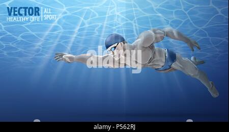 Professionelle männlichen Schwimmer im Pool. Ein Mann taucht in das Wasser. Sommer Hintergrund. Struktur der Wasseroberfläche. Tauchen. Unterwasser. Vector Illustration Stock Vektor