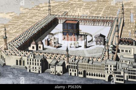 Die Kaaba in Mekka, die heiligste Stätte des Islam. Saudi-Arabien. Farbige Gravur. des 19. Jahrhunderts. Stockfoto