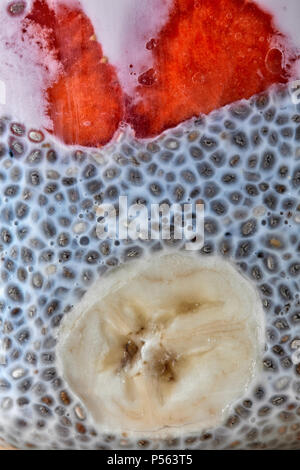 Chia Samen Parfait mit Erdbeeren, Bananen und Joghurt Makro Foto gemacht Stockfoto