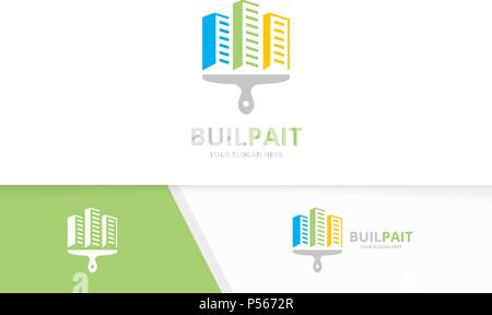 Vektor Wolkenkratzer und Bürste logo Kombination. Haus und Pinsel, Symbol oder Icon. Einzigartige Immobilien und print Logo Design Template. Stock Vektor