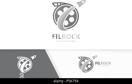 Vektor Film und Rakete logo Kombination. Kino und Flugzeug Symbol oder Icon. Einzigartige Film- und Flug Logo Design Template. Stock Vektor