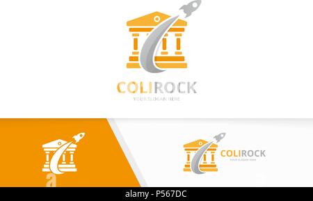 Vektor Bank und Rakete logo Kombination. Spalte und Flugzeug Symbol oder Icon. Einzigartige Richter und Flug Logo Design Template. Stock Vektor