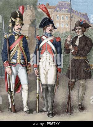 Französische Revolution (1789-1799). Schutz der National Convention (Mitte), französischer Grenadier Guard (links) und verkrüppelt (rechts). Farbige Gravur. 19. Stockfoto