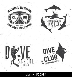 Scuba Diving Club. Vector Illustration. Konzept für Hemd oder Logo, Print, Stempel oder T-Stück. Vintage Typografie Design mit Tauchausrüstung Silhouette. Stock Vektor