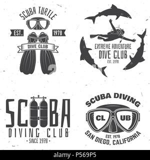 Scuba Diving Club. Vector Illustration. Konzept für Hemd oder Logo, Print, Stempel oder T-Stück. Vintage Typografie Design mit Tauchausrüstung Silhouette. Stock Vektor