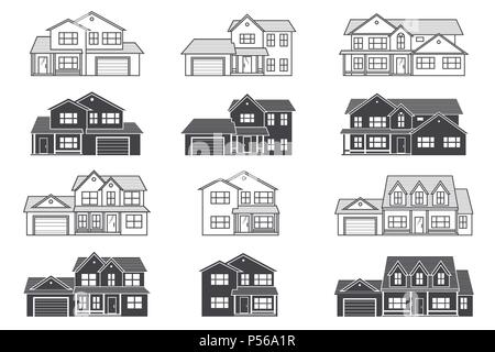 Der Vektor dünne Linie und Silhouette Symbol suburban amerikanische Häuser. Für web design und Application Interface, auch nützlich für Infografiken. Vektor d Stock Vektor