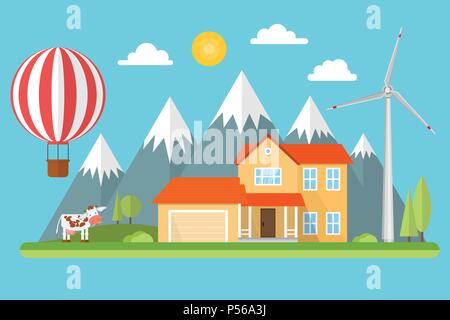 S-amerikanischen Haus in den Bergen unter den Bäumen mit Wind Turbine, Luft Ballon und Kuh. Grüne Energie Konzept. Vector Illustration. Stock Vektor