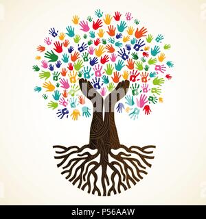 Baum Symbol mit bunten menschlichen Händen. Konzept Abbildung für die Organisation zu helfen, umwelt Projekt oder soziale Arbeit. EPS 10 Vektor. Stock Vektor