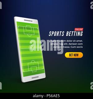 Sportwetten online Web Banner Vorlage. Smartphone mit Fußballfeld auf dem Bildschirm. Vector Illustration Stock Vektor