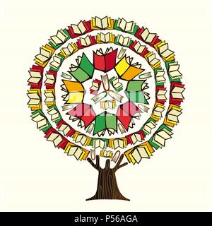 Baum der Bücher gemacht, globale Bildung Konzept. Pädagogische Illustration für zurück zu Schule oder Bibliothek Buch Projekt. EPS 10 Vektor. Stock Vektor