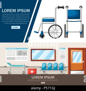 Leere Krankenhaus Flur. Klinik Flur Innenraum mit Rollstuhl und Krankenhaus. Erste Hilfe Kit. Medizinisches Konzept. Vector Illustration. Webseite Stock Vektor