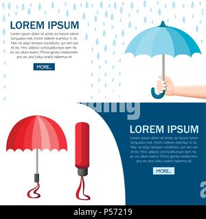 Hand blau Regenschirm. Schirm Schutz vor Regen. Rot offener und geschlossener Regenschirm. Flat Style Design. Vector Illustration auf weißem Hintergrund. W Stock Vektor