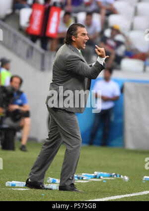 Wolgograd, Russland. 25. Juni 2018. Saudi-arabien Head Coach Juan Antonio Pizzi gibt Anweisungen an die Spieler während der 2018 FIFA World Cup Gruppe ein Match zwischen Saudi-Arabien und Ägypten in Wolgograd, Russland, 25. Juni 2018. Credit: Li Ga/Xinhua/Alamy leben Nachrichten Stockfoto