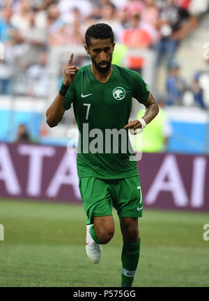 Wolgograd, Russland. 25. Juni 2018. Salman Alfaraj von Saudi-arabien feiert seinen zählen während der 2018 FIFA World Cup Gruppe ein Match zwischen Saudi-Arabien und Ägypten in Wolgograd, Russland, 25. Juni 2018. Credit: Li Ga/Xinhua/Alamy leben Nachrichten Stockfoto