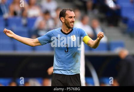 Samara, Russland. 25. Juni 2018. Fussball: Wm, Gruppenphase, Gruppe A, 3. Spieltag Uruguay vs Russland in Samara Stadion. Uruguay's Diego Godin reagiert. Credit: Marius Becker/dpa/Alamy leben Nachrichten Stockfoto