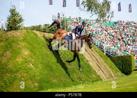 West Sussex, UK. 24 Jun, 2018. Gonzalo Busco Roca reiten Usika. IRL. Die Al Shira'aa Derby. Die Al Shira'aa Hickstead Derby treffen. Springen. Der All England Parcours. Hickstead. West Sussex. UK. Tag 5. 24.06.2018. Credit: Sport in Bildern/Alamy leben Nachrichten Stockfoto