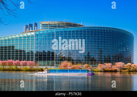 Straßburg, das Europäische Parlament, Gebäude Louise Weiss, sightseeing tour Boot, Kirschblüten, Ill, Elsass, Frankreich, Europa, Stockfoto