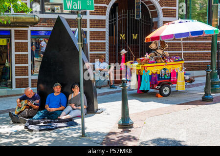 ASHEVILLE, NC, USA-24. Juni 18: Musiker, und eine Karre Anbieter an einem sonnigen Tag an der kultigen Flat Iron, gegenüber dem Flat Iron Building am Battery Park Stockfoto