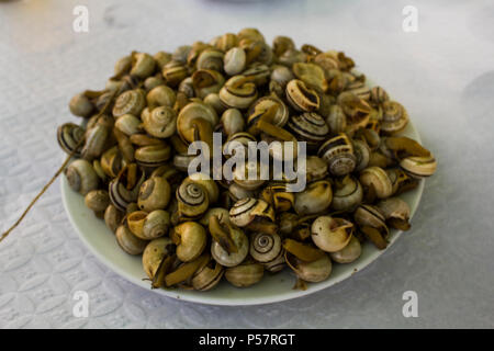 Platte der gekochten Schnecken oder Escargot Stockfoto