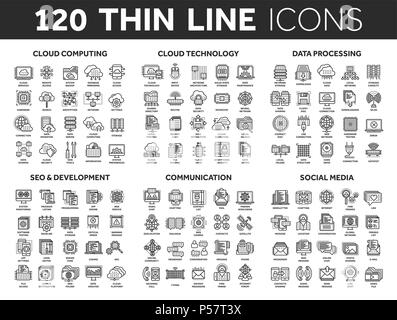 Cloud Computing und Technik. Datenspeicherung. Seo, Entwicklung. Soziales Netzwerk, Kommunikation. Internet Verbindung. E-Mail-Nachricht. Dünne schwarze Symbole gesetzt. Schlaganfall. Stock Vektor