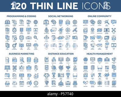 Programmierung, Codierung. Data Management. Soziale Netzwerk-, Computing. Informationen. Internet Verbindung. Business Marketing. Schule und Bildung. Medizin. Dünne Linie blaue Symbole gesetzt. Schlaganfall. Stock Vektor