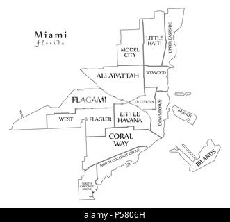 Moderne Stadtplan - Miami Florida Stadt der USA mit Nachbarschaften und Titel Übersichtskarte Stock Vektor