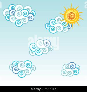 Sonnige nahtlose baby Muster, blauer Hintergrund mit Wolken, Sonne, Mond und Sterne Stock Vektor