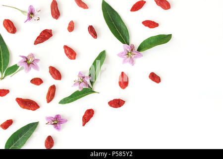 Nahaufnahme der Goji Beeren, Lycium Barbarum. Getrocknete asiatische Früchte, Blätter und Blüten auf weiß Holz- Hintergrund isoliert. Gesunde superfood. Florale Muster, dekorative Ecke. Flatlay, Ansicht von oben. Stockfoto