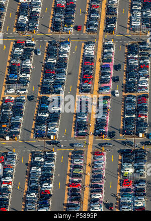 Parkplätze mit Markierungen im Einkaufszentrum Ruhr Park auf der grünen Wiese mit vollen Parkplätze in Bochum in Nordrhein-Westfalen. Frauen parken, Bochum, Ruhrgebiet Stockfoto