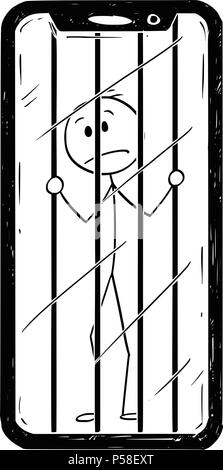 Cartoon von Mann oder Geschäftsmann Gefangen in seinem Mobiltelefon Stock Vektor