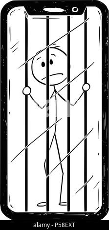 Cartoon von Mann oder Geschäftsmann Gefangen in seinem Mobiltelefon Stock Vektor