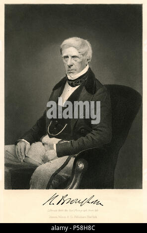 Henry Peter Brougham, 1. Baron Brougham und Vaux (1778-1868), britischer Staatsmann und Lordkanzler von Großbritannien, sitzenden Portrait, Gravur von letzten Foto seines Lebens Stockfoto