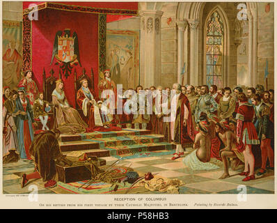 Empfang von Columbuson seine Rückkehr von seiner ersten Reise durch ihre katholischen Majestäten, in Barcelona, Chromolithograph nach einem Gemälde von Ricardo Balaca, 1892 Stockfoto