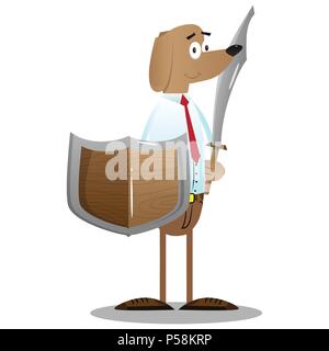 Cartoon illustriert business Hund Holding mit Schwert und Schild. Stock Vektor